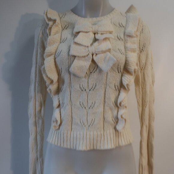 Womens LoveShackFancy Kennie Cream Double Bows  Ruffled Trim Sweater XS - Picture 5 of 11